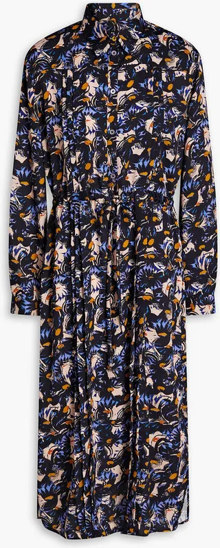 Pleated printed crepe de chine midi dress