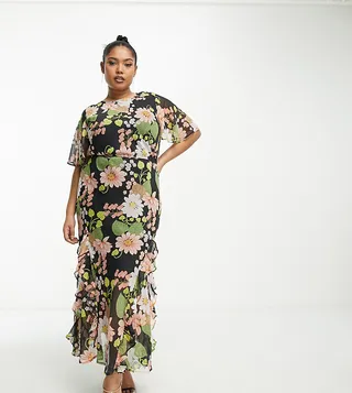 ASOS DESIGN Curve chiffon midi dress with frill hem in black based floral