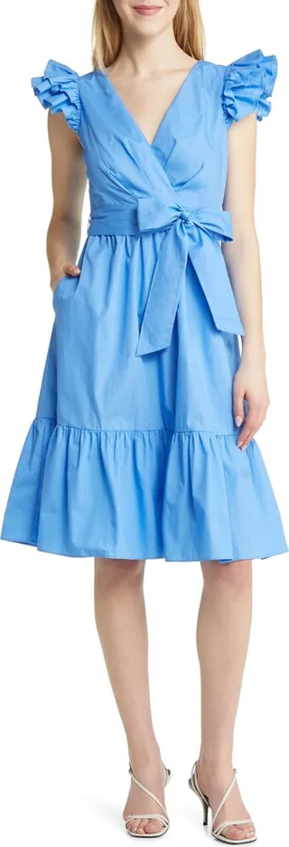 Ruffle Cotton Faux Wrap Midi Dress