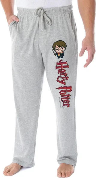 Harry Potter Men's Chibi Character And Script Logo Loungewear Pajama Pants (LG) Grey