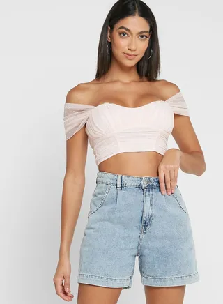 Off Shoulder Cropped Pleated Top