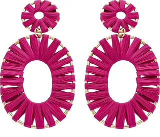Fuchsia Raffia Wrapped Oval Drop Earrings