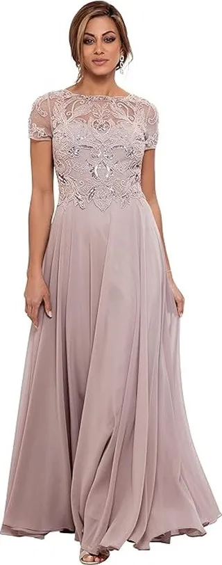 XSCAPE Long Chiffon Skirt with Bead Top (Taupe) Women's Evening