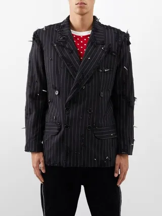 Studded Pinstriped Distressed-wool Jacket