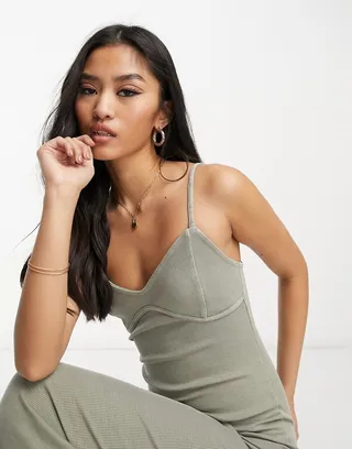Miss Selfridge acid wash midi dress in sage