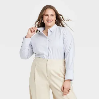 Women's Plus Size Long Sleeve Oxford Button-Down Shirt - A New Day™ Blue Striped 3X