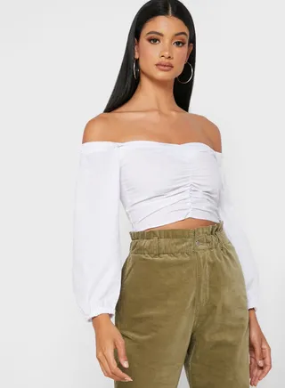 Front Ruched Bardot Crop Top
