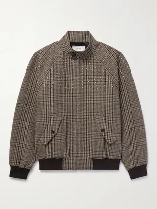 Crystal-Embellished Prince of Wales Checked Wool Bomber Jacket