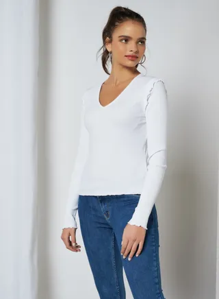 Ribbed Shoulder Detail V-Neck Sweater White