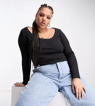 ASOS DESIGN Curve long sleeve scoop neck rib top in black