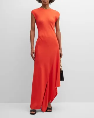 Asymmetric Cap-Sleeve A-Line Maxi Dress