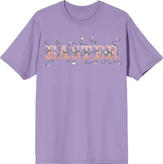 Soft Petal “Easter" Fairy Tale Font with Foliage Women’s Lavander Short Sleeve Crew Neck Tee-Large
