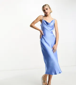 COLLUSION cowl neck metal ring detail slip maxi dress in blue