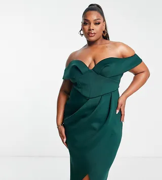 ASOS DESIGN Curve off shoulder corset midi wrap skirt dress in forest green
