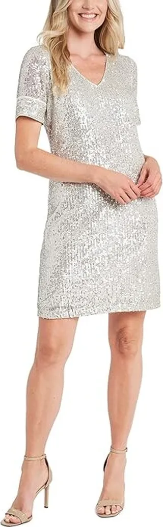 CeCe Sequin V-Neck Shift Dress (Champagne) Women's Clothing