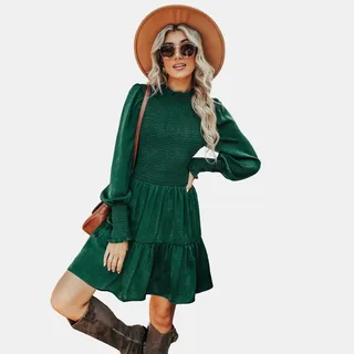 Women's Smocked Long Sleeve Mini Dress - Cupshe-L-Green
