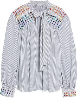 Pussy-bow bead-embellished striped cotton-poplin blouse
