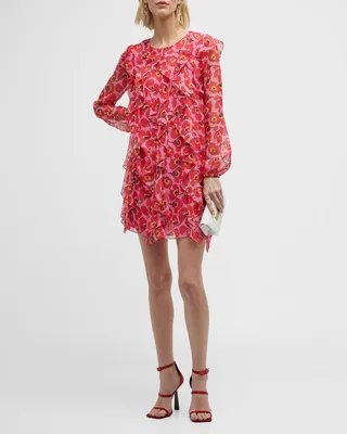 Floral-Print Cascading Ruffle Chiffon Mini Shift Dress