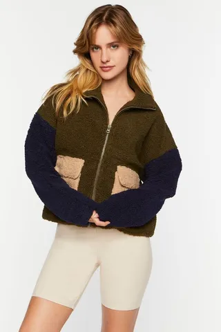Colorblock Faux Shearling Zip-Up Jacket