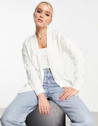 Miss Selfridge Faux Pearl Cable Longer Line Cardigan