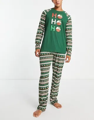 Brave Soul ho ho ho fairisle pudding pajama set in forest green multi print