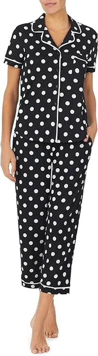 Kate Spade New York Brushed Jersey Short Sleeve Cropped PJ Set (Dot Toss) Women's Pajama Sets