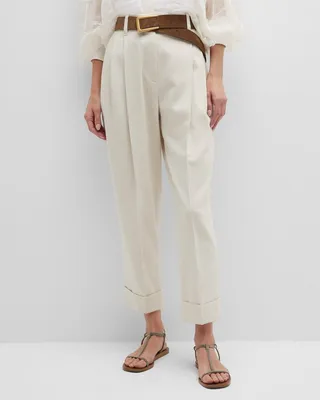 Monili-Trim Metallic Pleated Tapered-Leg Ankle Pants