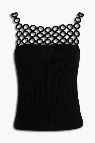 Macramé-trimmed ribbed cotton tank