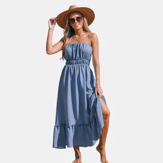 Women's Shirred Tie Front Maxi Dress - Cupshe-XL-Blue