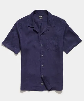 Sea Soft Irish Linen Camp Collar Shirt in Navy