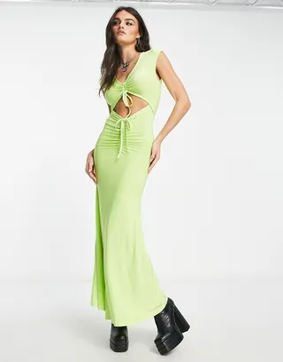 ASOS DESIGN sleeveless midi dress with ruching detail and cut out in lime