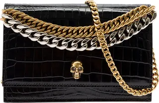 'skull' Small Black Shoulder Bag With Double Chain Detail In Embossed Croc Leather Woman Alexander Mcqueen