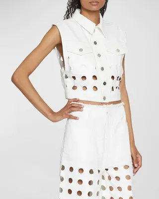 Circle Eyelet Embroidered Denim Vest