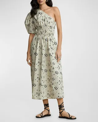 Floral Asymmetric Shirred Poplin Midi Dress