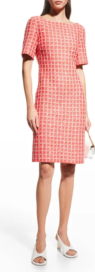 Windowpane Tweed Knee-Length Dress