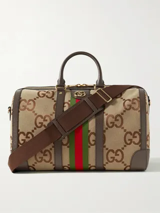 Leather and Webbing-Trimmed Monogrammed Canvas Duffle Bag