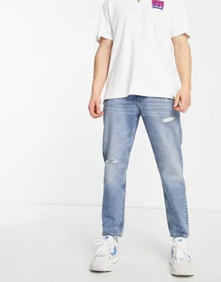 ASOS DESIGN Cone Mill Denim classic rigid 'American classic' jeans in mid wash blue with abrasions