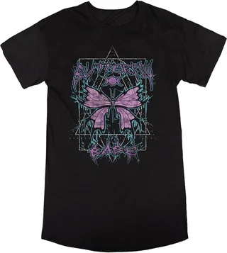 Distressed Metal Butterfly Crew Neck Short Sleeve Black Heather Women’s Night Shirt-Small