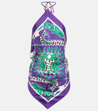 Scarf-print halterneck silk top