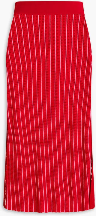 Striped ribbed pointelle-knit midi skirt