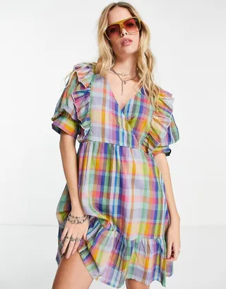 Object puff sleeve multicolored check mini dress