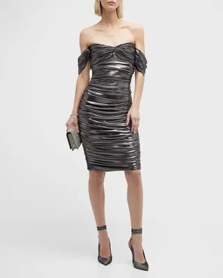 Walter Winglet-Sleeve Shirred Sweetheart Lame Dress