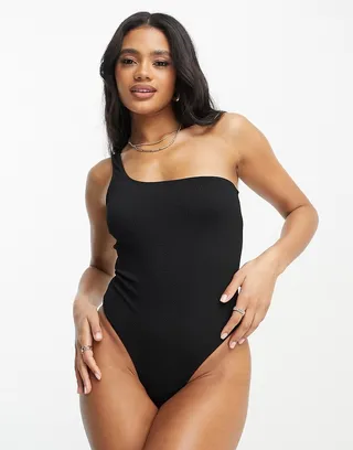 ASOS DESIGN crinkle one shoulder swimsuit in black