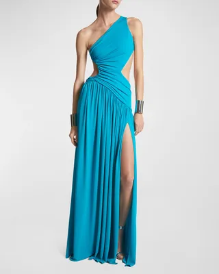 Asymmetric Cutout One-Shoulder Thigh-Slit Jersey Gown