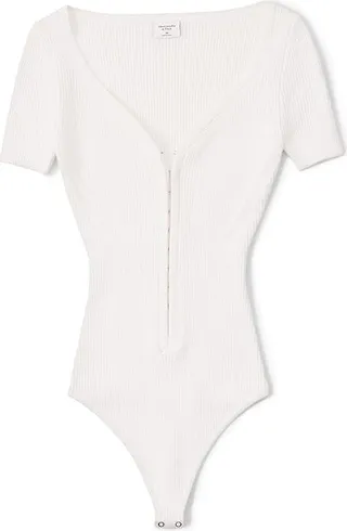Abercrombie & Fitch Hook-and-Eye Short Sleeve Bodysuit (Cream) Women's Jumpsuit & Rompers One Piece