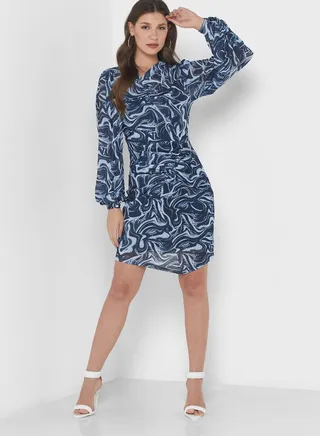 Asymmetric Printed Ruched Dress