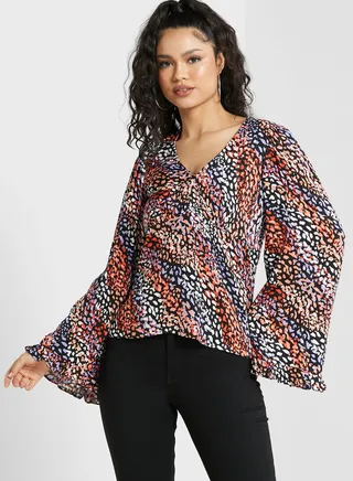V-Neck Printed Flute Sleeve Top
