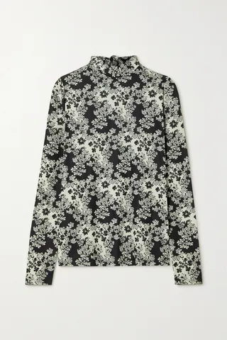 TOTEME - Tie-detailed Printed Jersey Turtleneck Top - Black