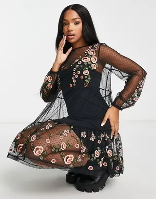 ASOS DESIGN textured mesh embroidered mini dress with long sleeves in black