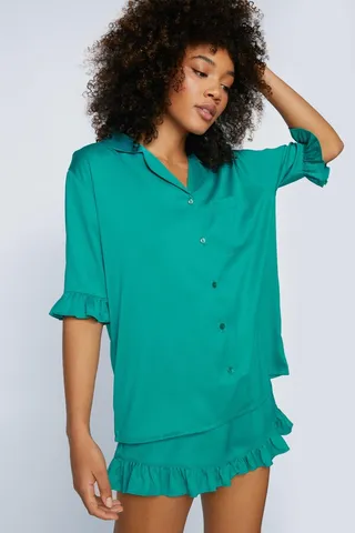 Nasty Gal Womens Satin Ruffle Pajama Short Set